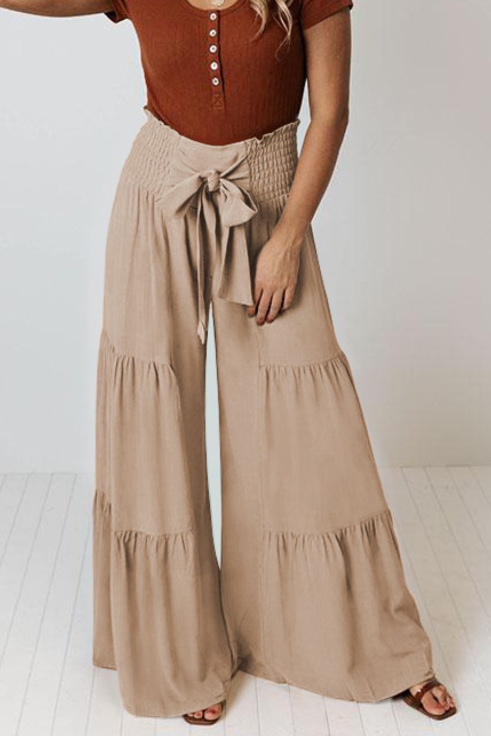 Tie Front Smocked Tiered Culottes-Teresa&#39;s Fashionista LLC