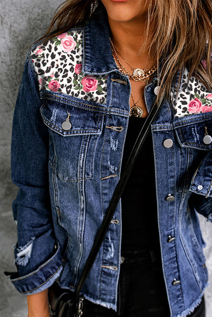 Mixed Print Distressed Button Front Denim Jacket-Teresa&#39;s Fashionista LLC