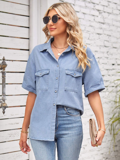 Collared Neck Short Sleeve Denim Jacket-Teresa&#39;s Fashionista LLC