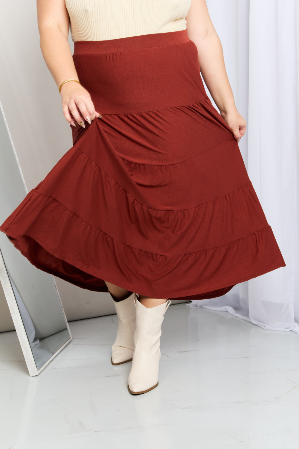 Zenana Full Size Wide Waistband Tiered Midi Skirt-Teresa&#39;s Fashionista LLC