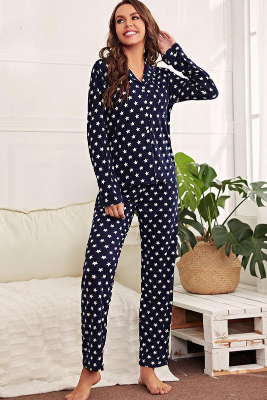 Star Print Button-Up Shirt and Pants Lounge Set-Teresa&#39;s Fashionista LLC