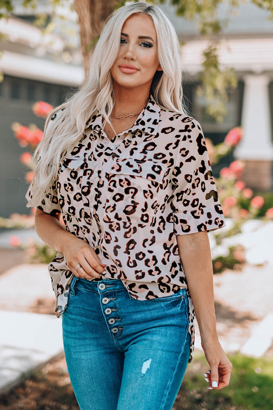 Leopard Button Front Short Sleeve Shirt with Breast Pockets-Teresa&#39;s Fashionista LLC