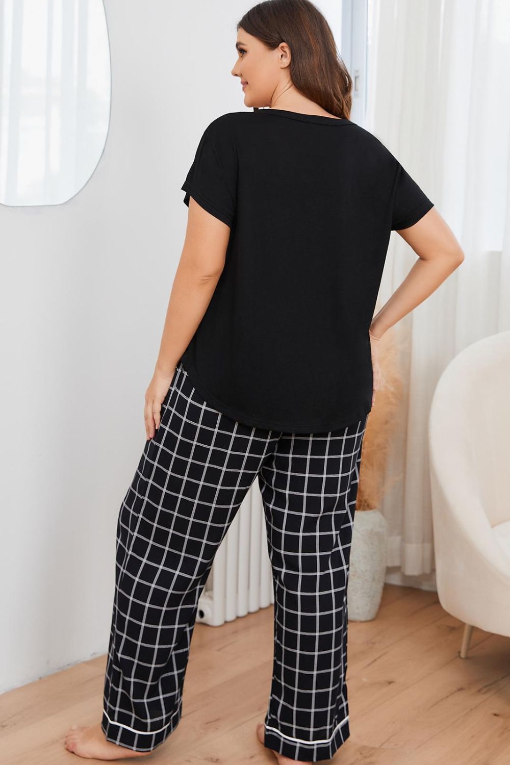 Plus Size V-Neck Top and Plaid Pants Lounge Set-Teresa&#39;s Fashionista LLC