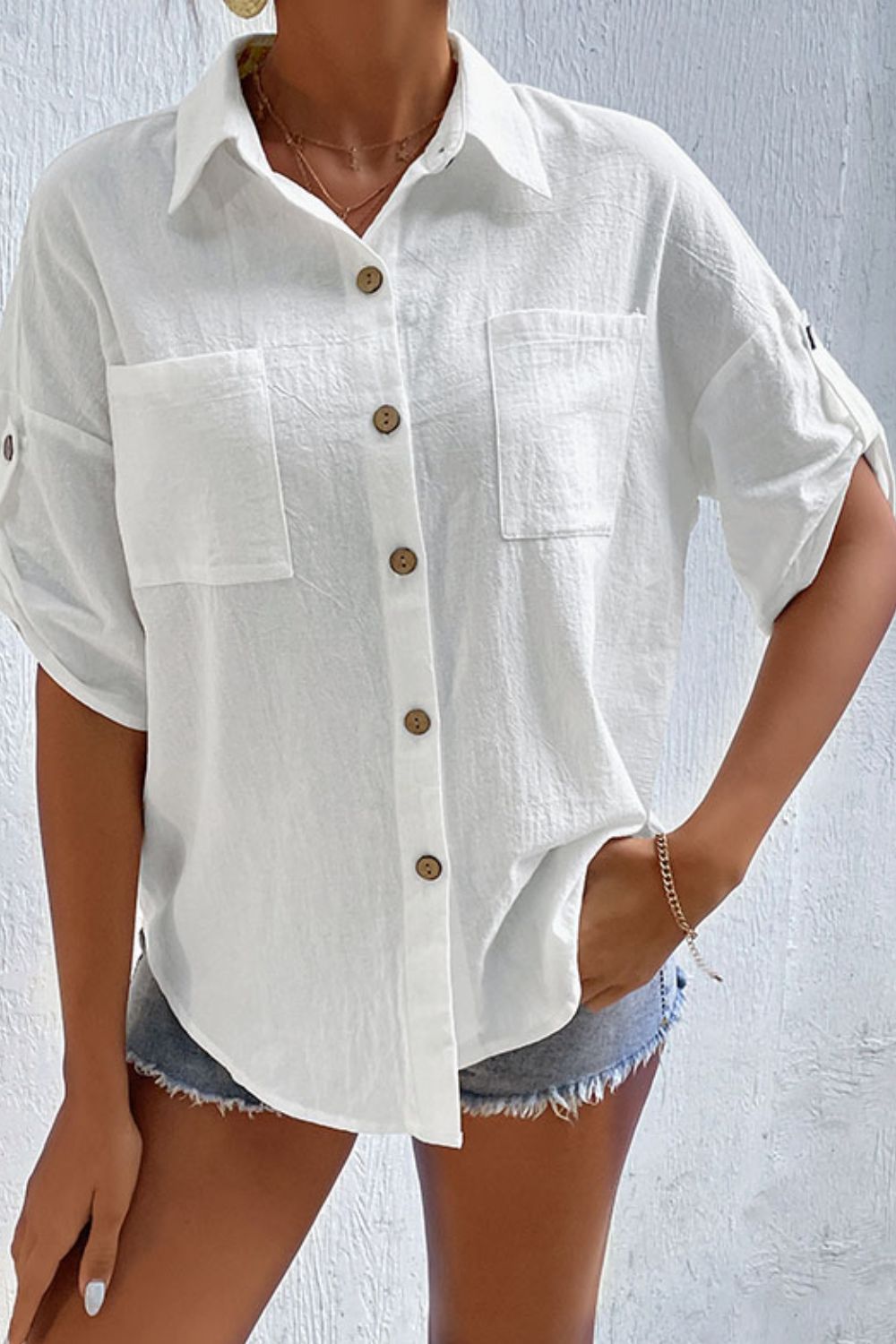 Roll-Tab Sleeve Shirt with Pockets-Teresa&#39;s Fashionista LLC