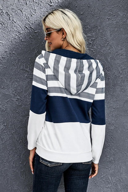 Striped Color Block Drawstring Zip Up Hoodie-Teresa&#39;s Fashionista LLC