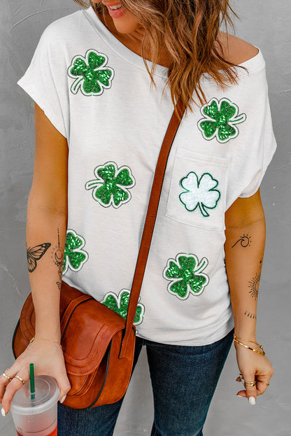 Sequin Lucky Clover Boat Neck T-Shirt-Teresa&#39;s Fashionista LLC