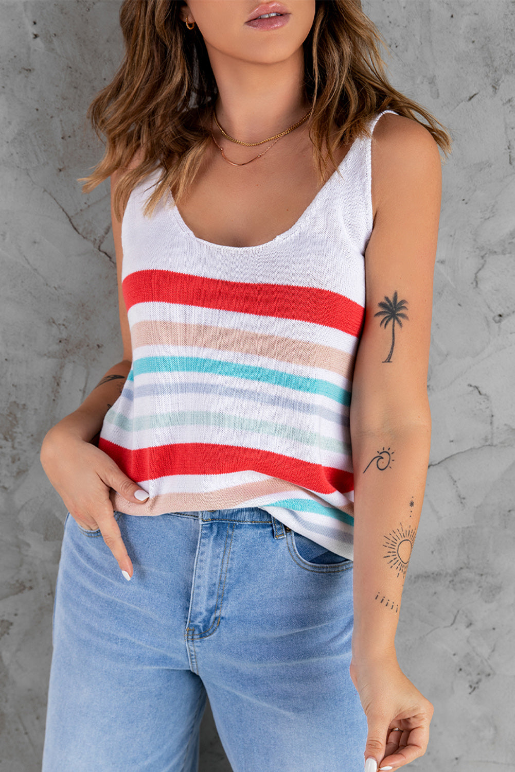 Rainbow Stripe Scoop Neck Knitted Tank-Teresa&#39;s Fashionista LLC