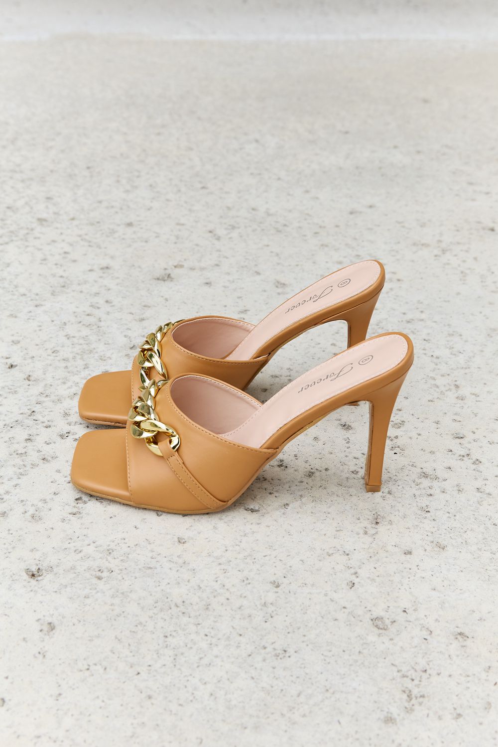 Forever Link Single Strap Chain Detail Mule Heels in Tan-Teresa&#39;s Fashionista LLC