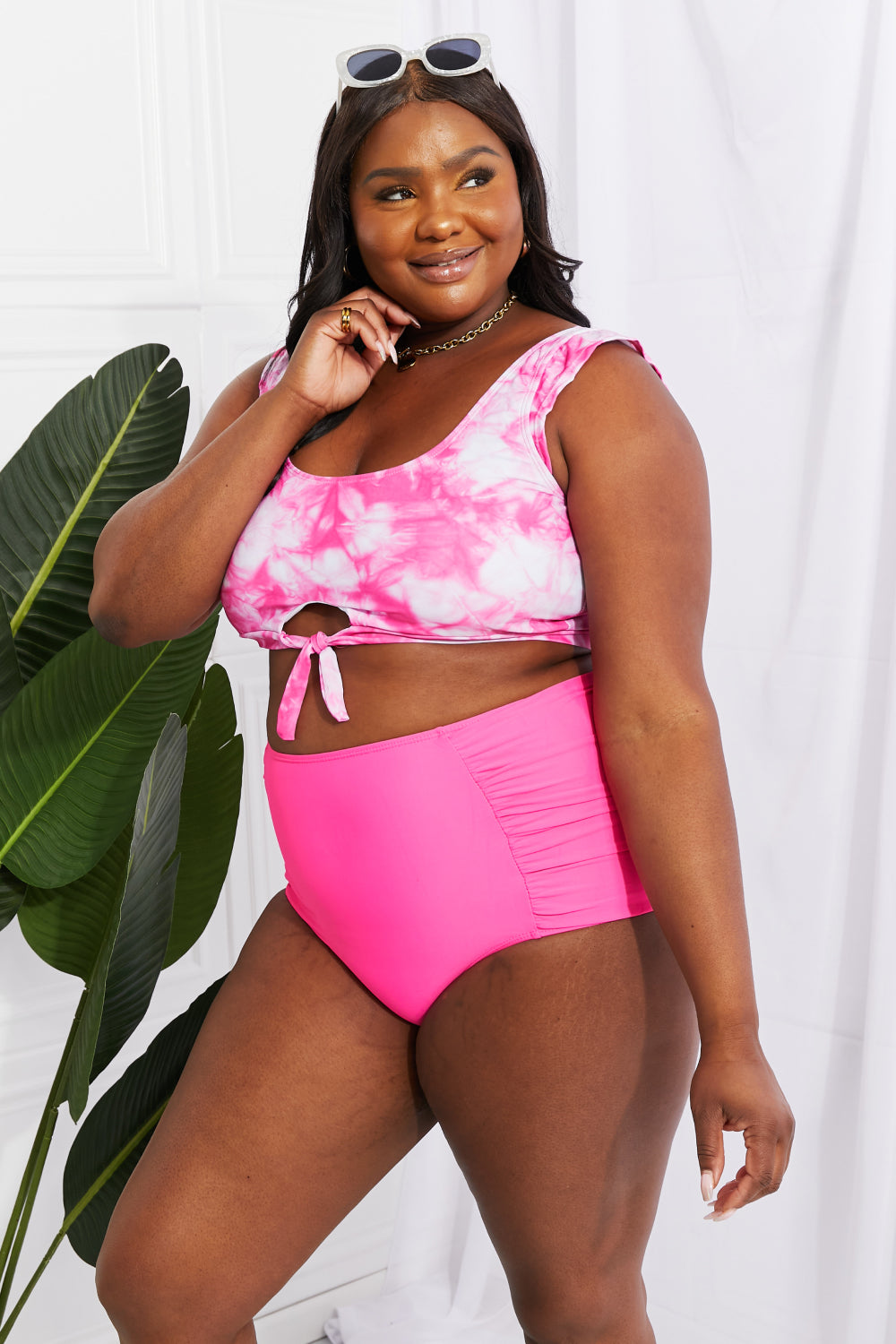 Marina West Swim Sanibel Crop Swim Top and Ruched Bottoms Set in Pink-Teresa&#39;s Fashionista LLC