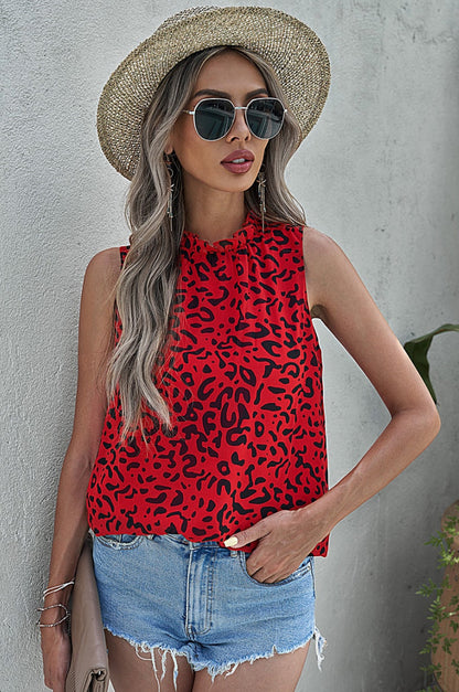 Leopard Print Ruffled Neck Tank Top-Teresa&#39;s Fashionista LLC