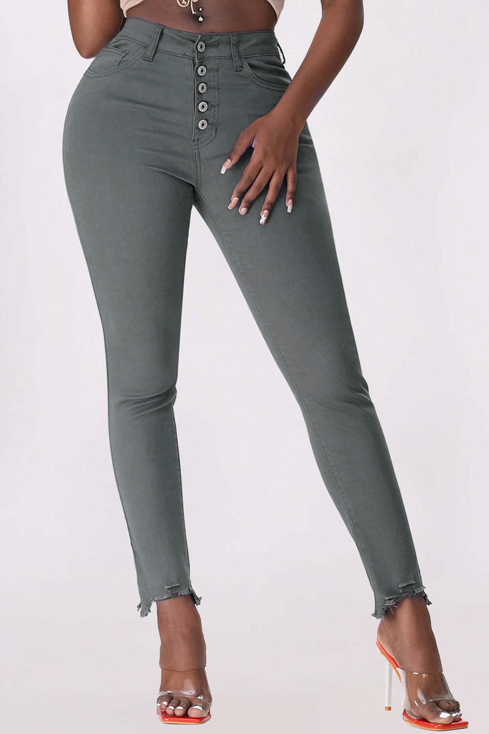 Button Fly Hem Detail Skinny Jeans-Teresa&#39;s Fashionista LLC