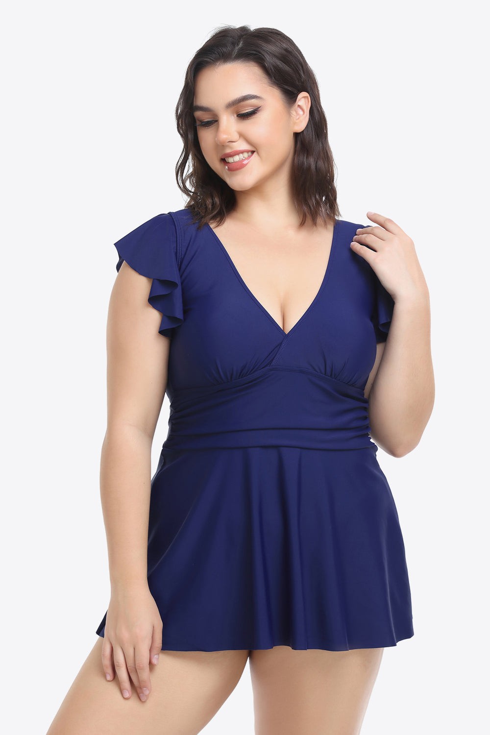 Plus Size Ruffled Plunge Swim Dress and Bottoms Set-Teresa&#39;s Fashionista LLC