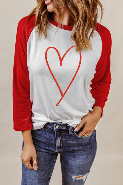 Contrast Baseball Sleeve Heart Graphic Top-Teresa&#39;s Fashionista LLC