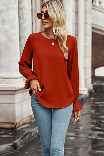 Round Neck Long Flounce Sleeve Blouse-Teresa&#39;s Fashionista LLC