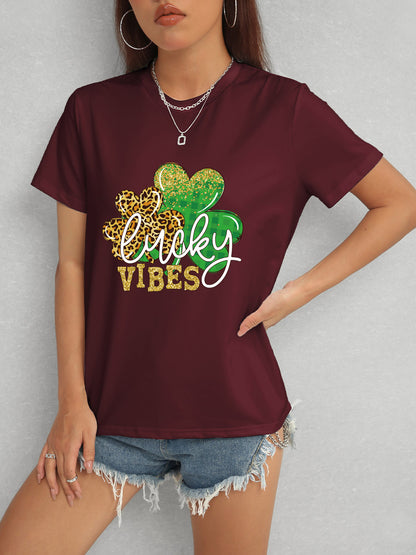 LUCKY VIBES Round Neck Short Sleeve T-Shirt-Teresa&#39;s Fashionista LLC