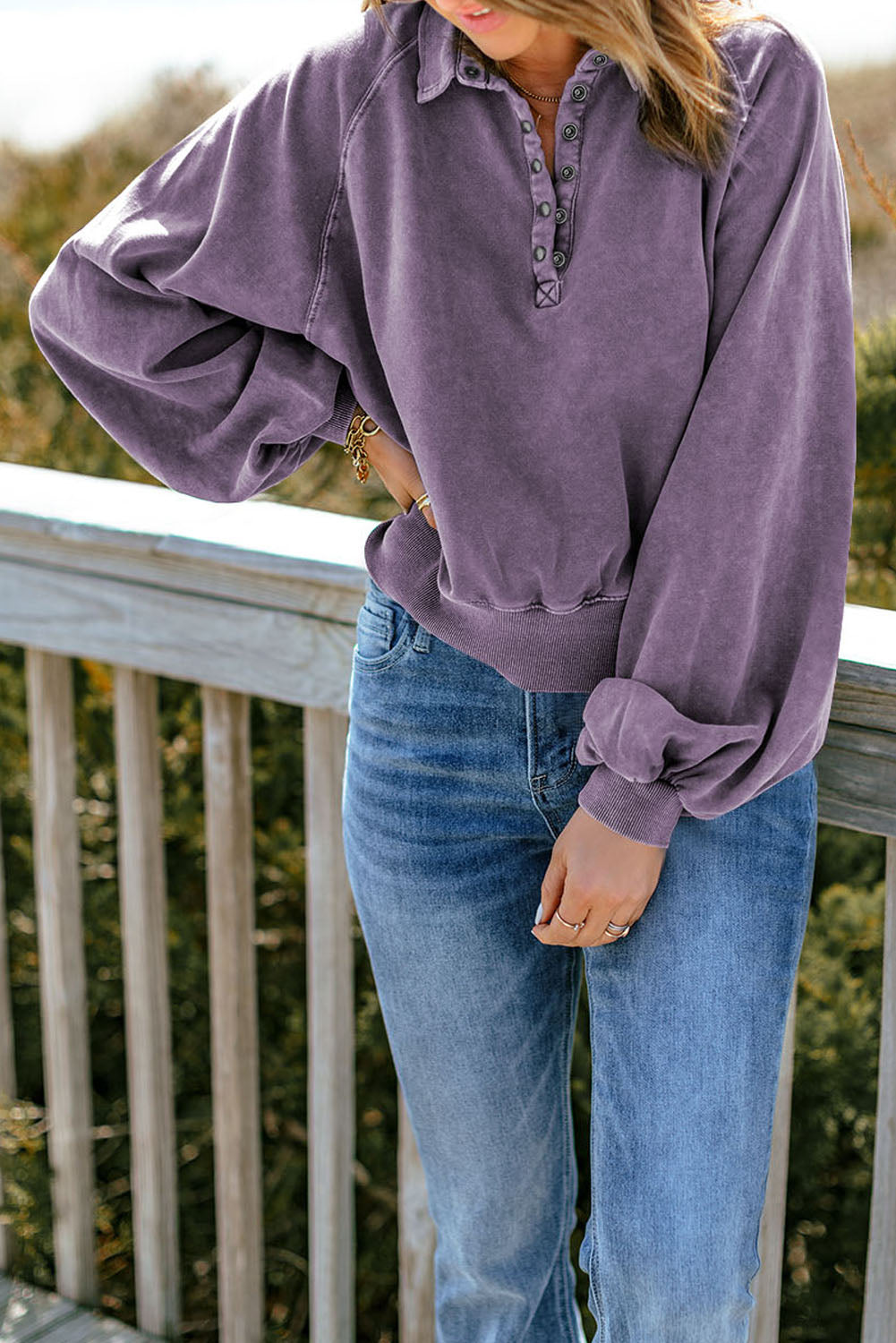 Quarter-Snap Collared Lantern Sleeve Sweatshirt-Teresa&#39;s Fashionista LLC