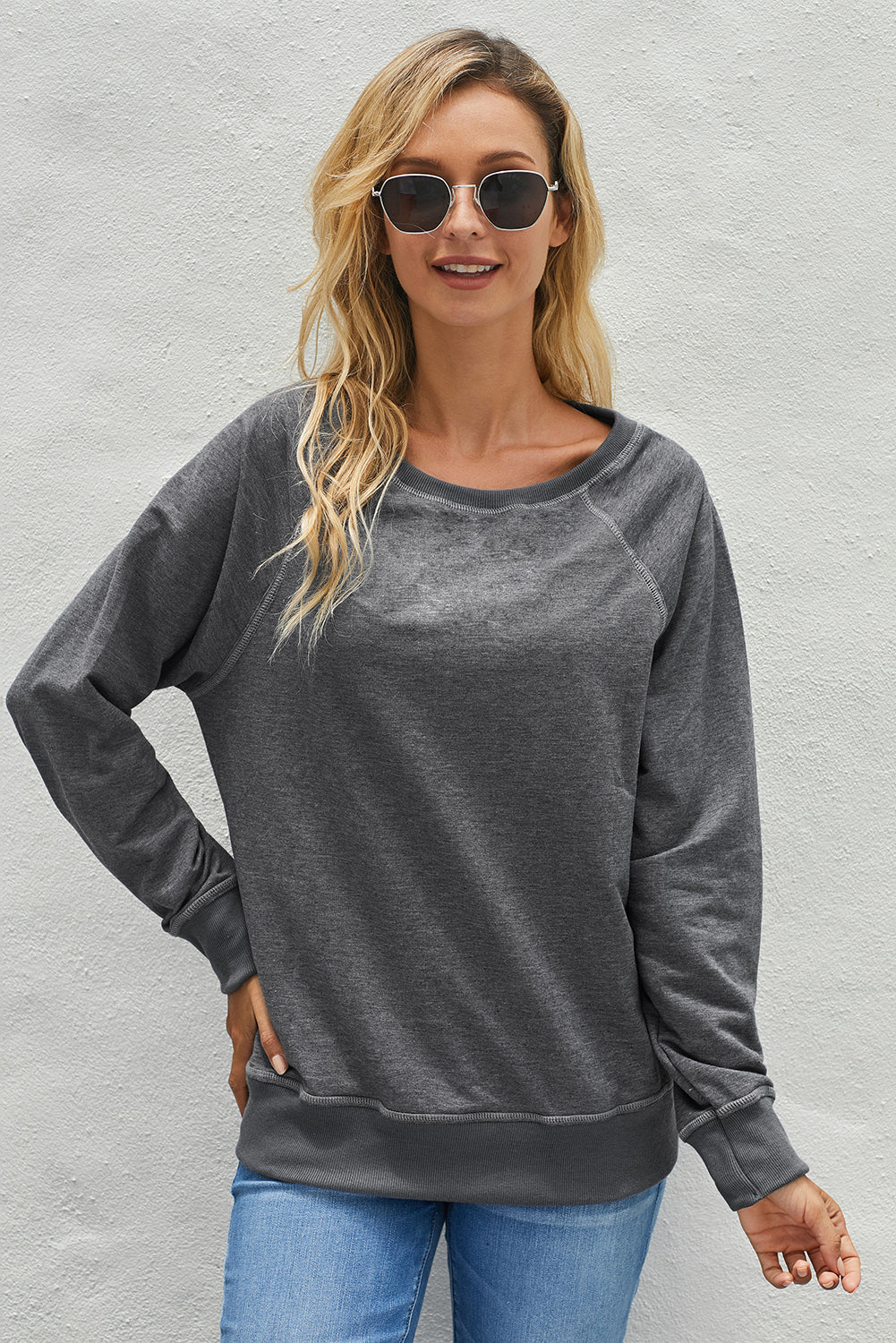 Round Neck Raglan Sleeve Exposed Seam Sweatshirt-Teresa&#39;s Fashionista LLC