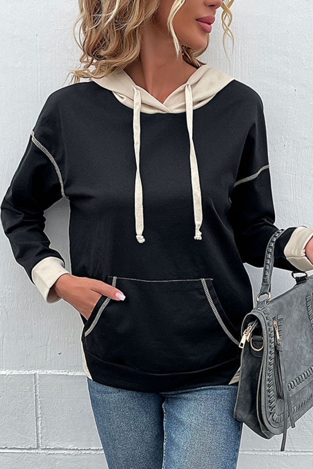 Contrast Drawstring Detail Drop Shoulder Hoodie-Teresa&#39;s Fashionista LLC