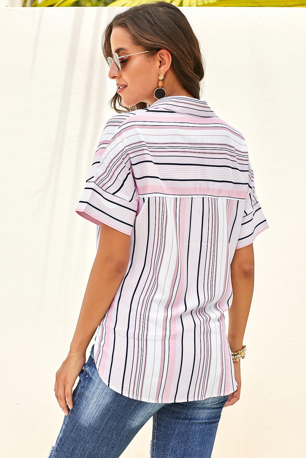 Striped Collared Neck Button-down Pocketed Top-Teresa&#39;s Fashionista LLC