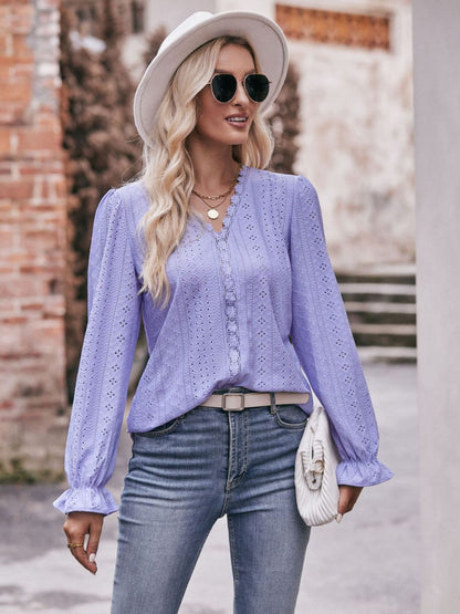 Eyelet V-Neck Flounce Sleeve Blouse-Teresa&#39;s Fashionista LLC