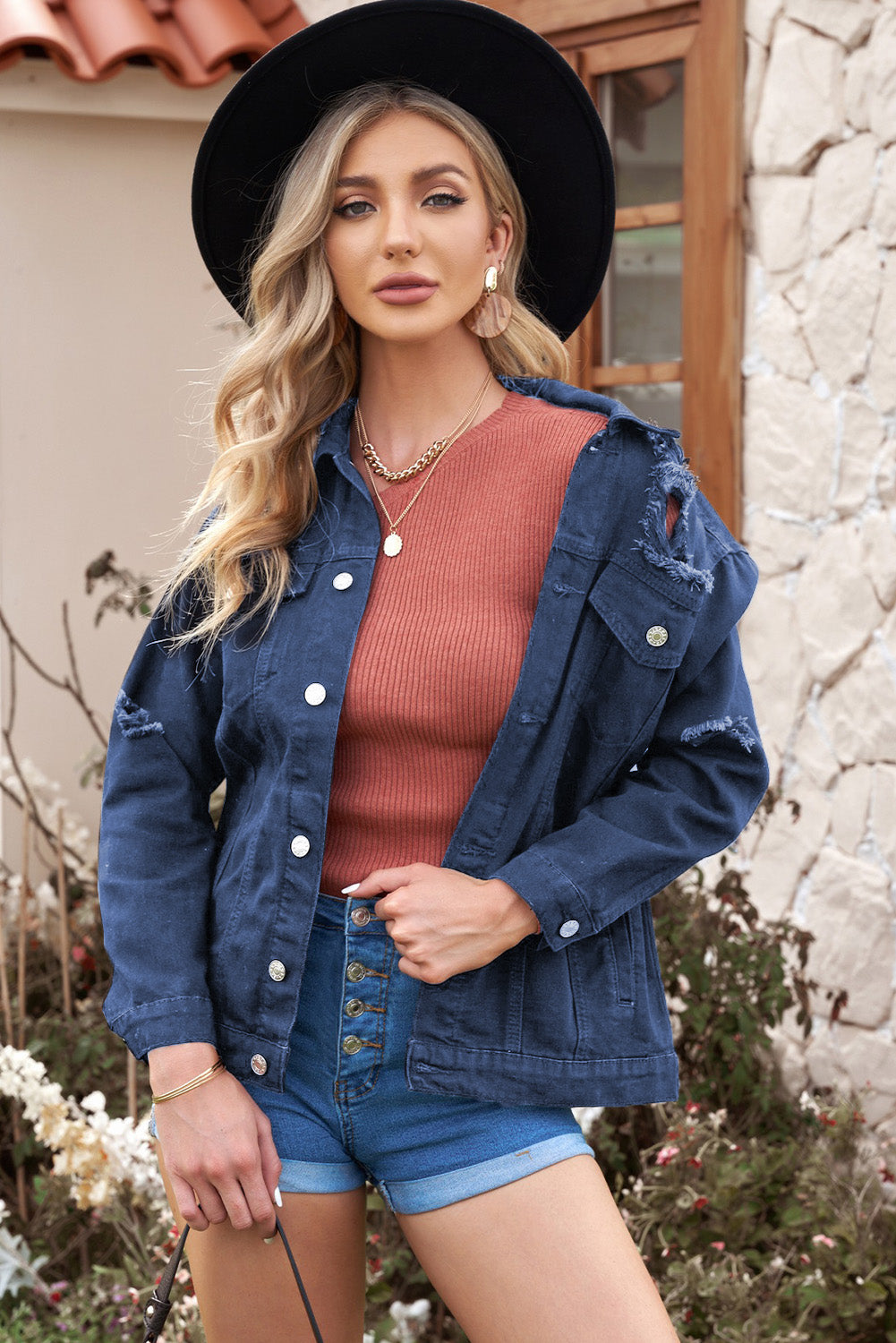 Distressed Button-Up Denim Jacket with Pockets-Teresa&#39;s Fashionista LLC