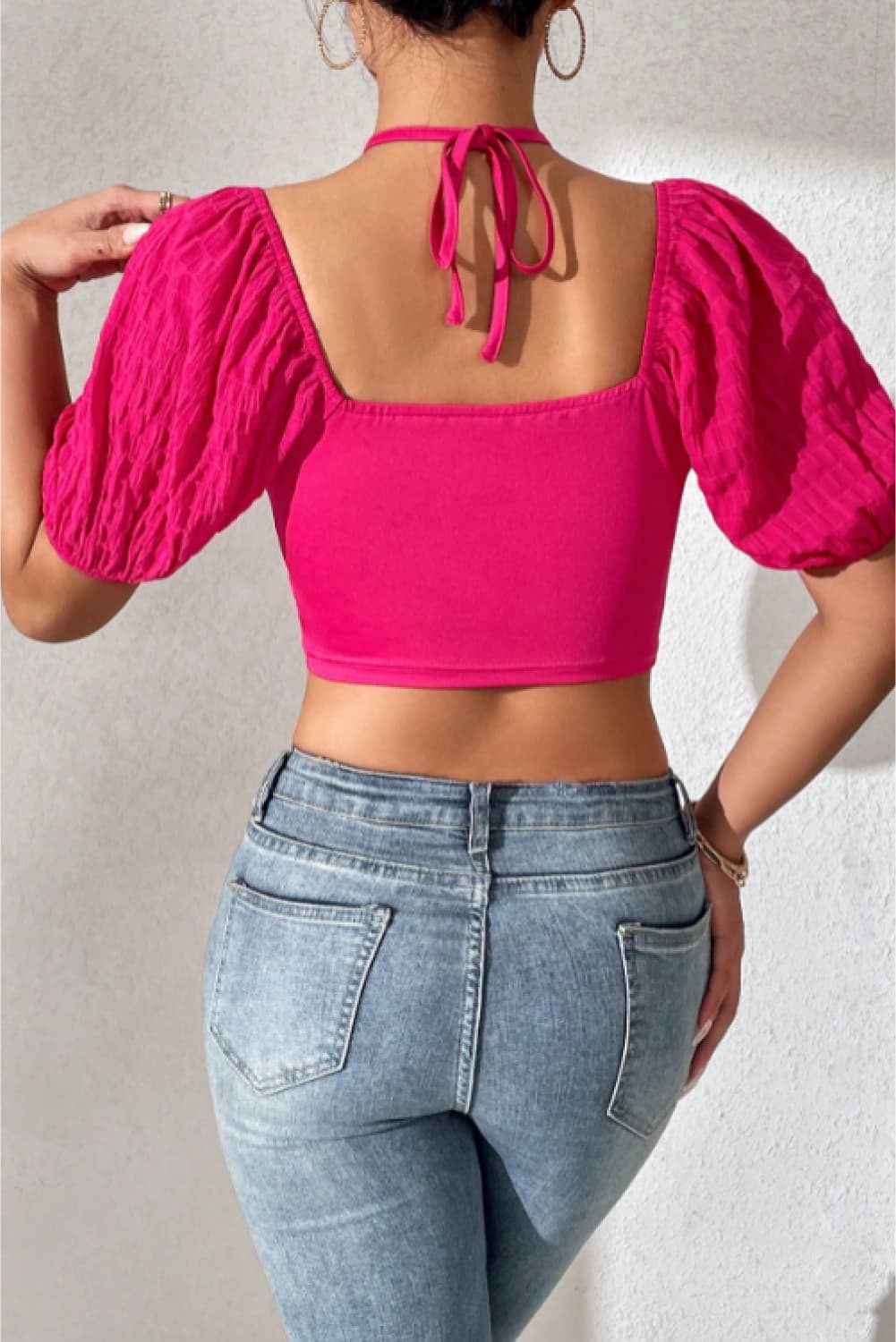 Cropped Halter Neck Tie Back Blouse-Teresa&#39;s Fashionista LLC