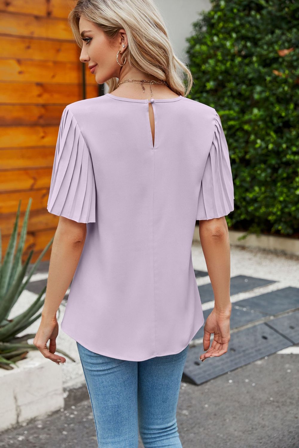 Pleated Flutter Sleeve Round Neck Blouse-Teresa&#39;s Fashionista LLC