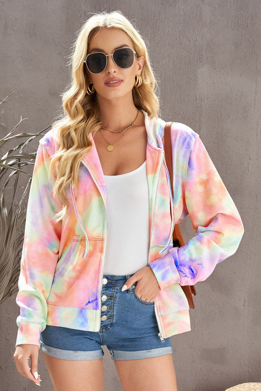 Tie-Dye Drawstring Detail Zip Up Hooded Jacket-Teresa&#39;s Fashionista LLC