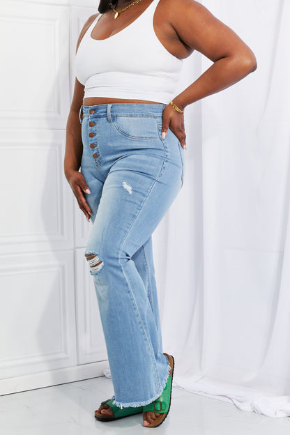 Vibrant MIU Full Size Jess Button Flare Jeans-Teresa&#39;s Fashionista LLC