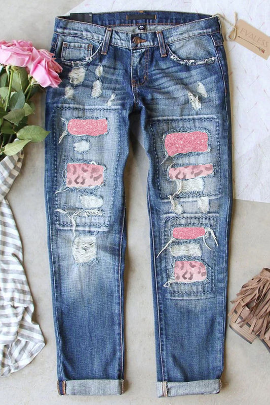 Leopard Patch Distressed Straight Leg Jeans-Teresa&#39;s Fashionista LLC