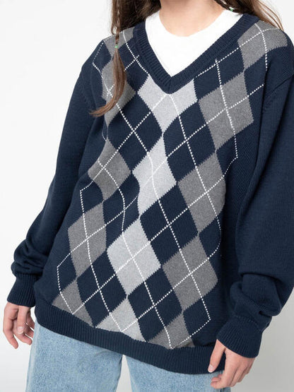 Geometric V-Neck Long Sleeve Sweater-Teresa&#39;s Fashionista LLC