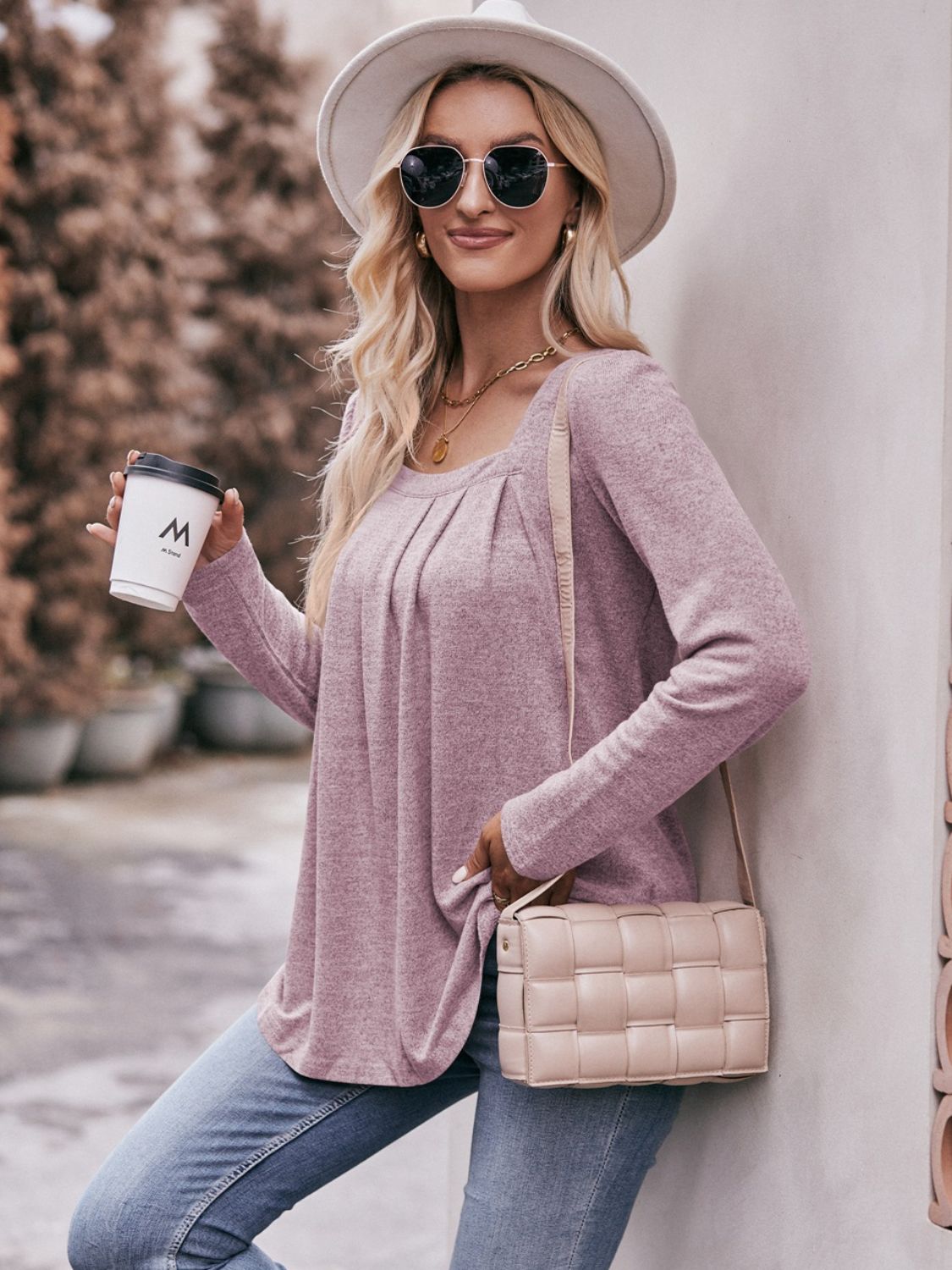 Pleated Detail Curved Hem Long Sleeve Top-Teresa&#39;s Fashionista LLC