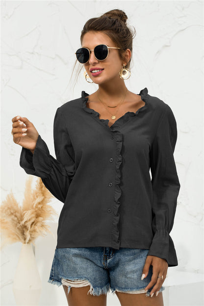 Frill Trim V-Neck Flounce Sleeve Shirt-Teresa&#39;s Fashionista LLC