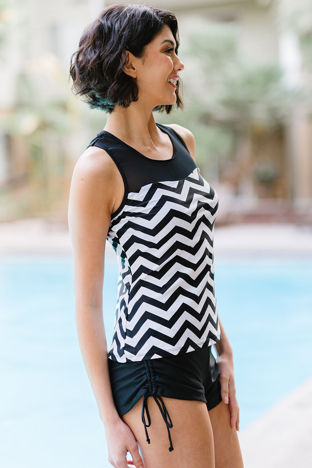 Full Size Chevron Print Ruched Tankini Set-Teresa&#39;s Fashionista LLC