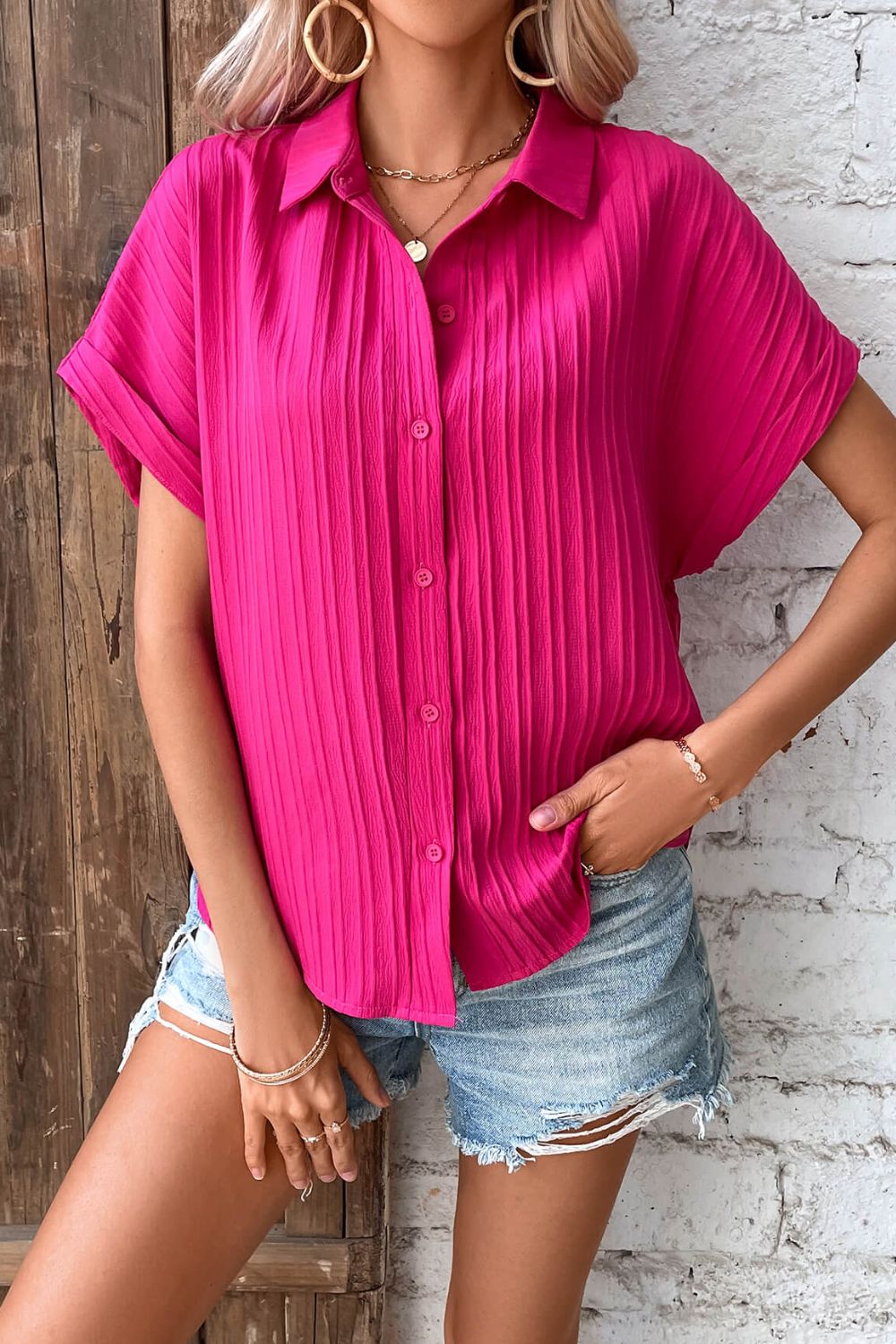 Textured Button-Up Cuffed Dolman Sleeve Shirt-Teresa&#39;s Fashionista LLC