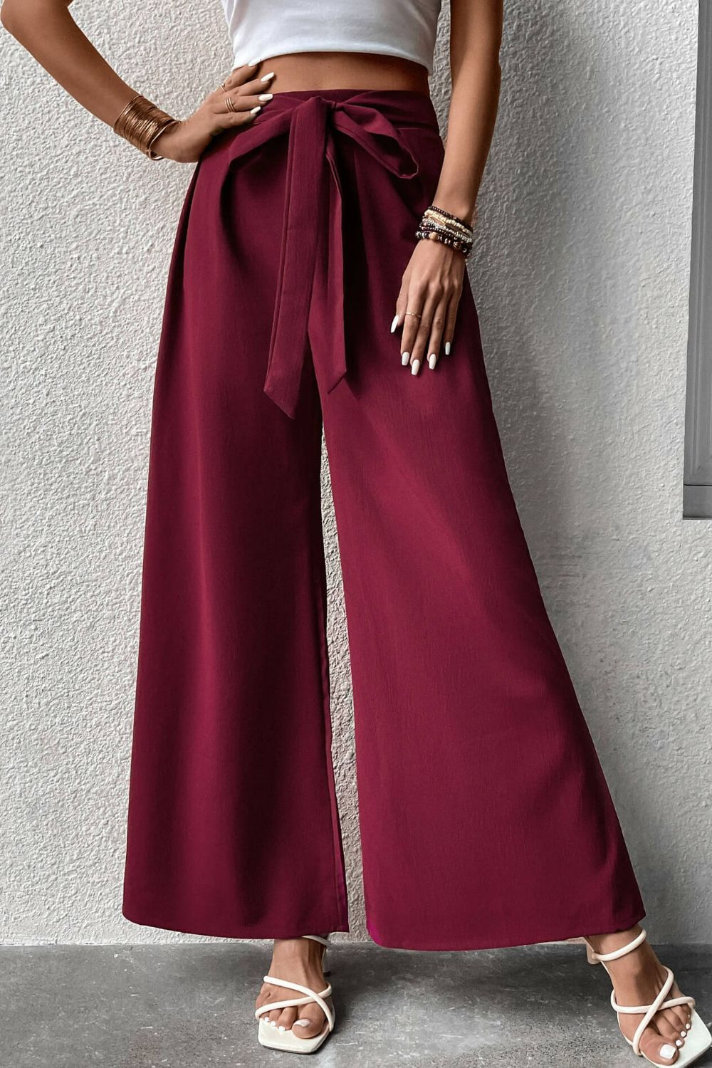 Tie Front Wide Leg Pants-Teresa&#39;s Fashionista LLC