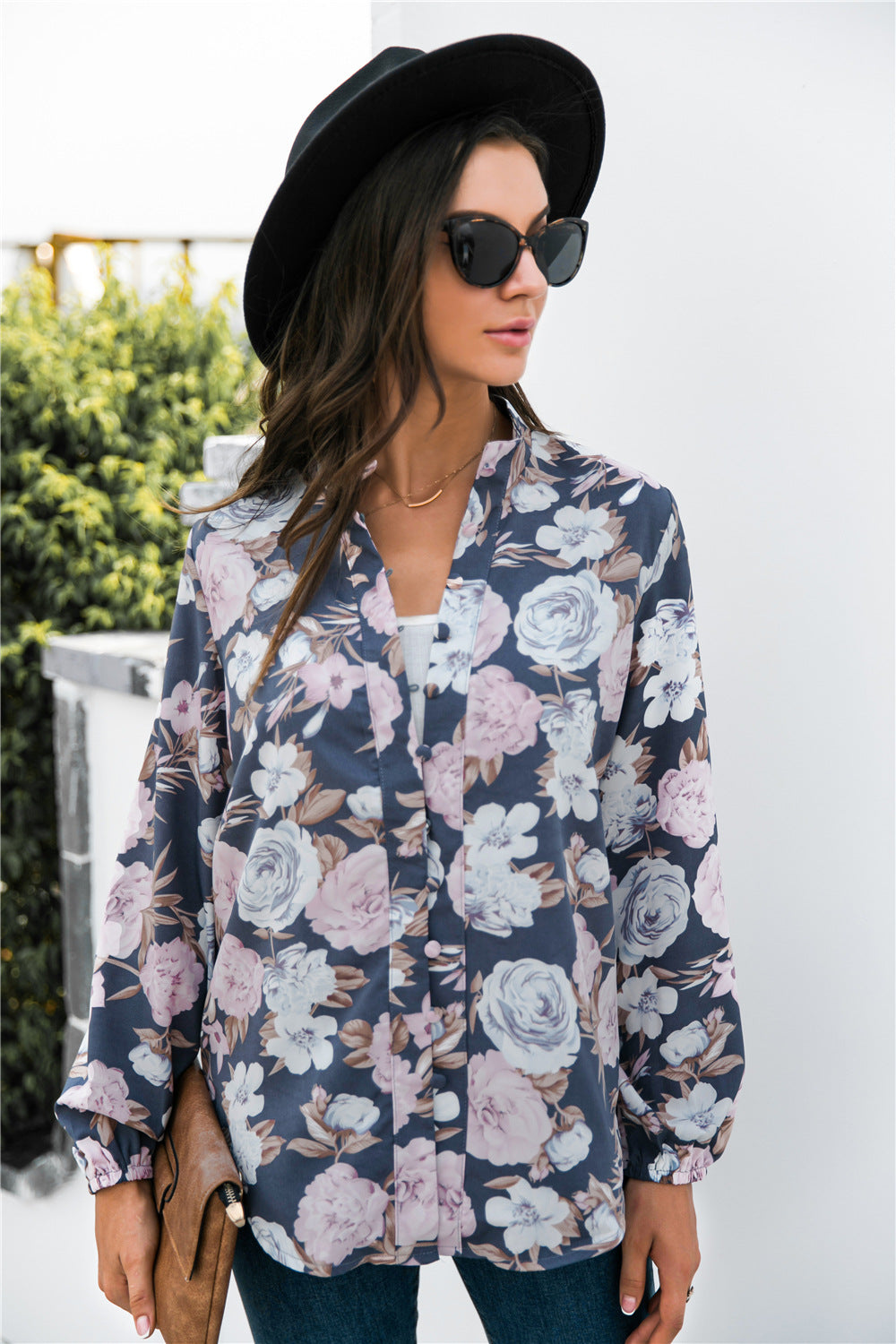 Floral Print Mock Neck Button Front Shirt-Teresa&#39;s Fashionista LLC