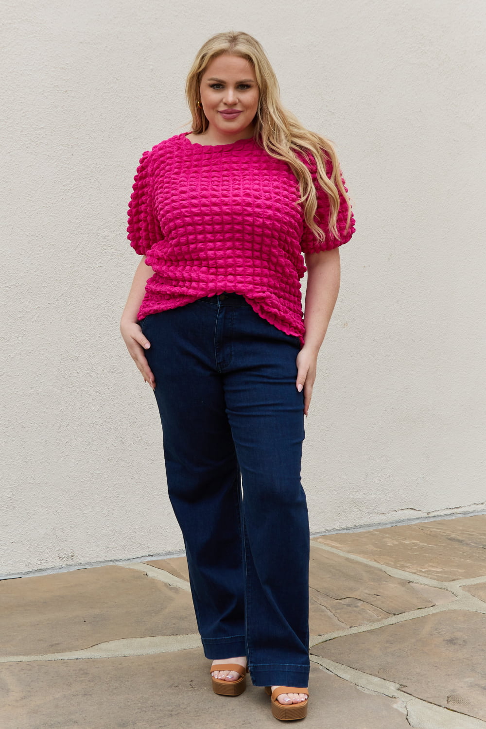 And The Why Full Size Bubble textured Puff Sleeve Top-Teresa&#39;s Fashionista LLC