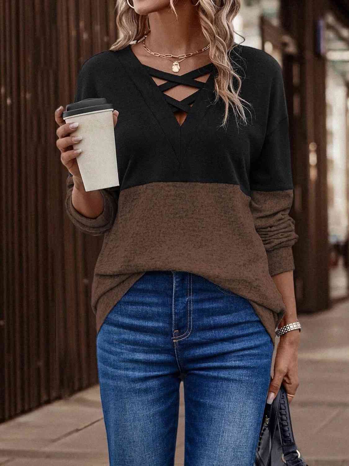 Two-Tone Crisscross Detail Sweatshirt-Teresa&#39;s Fashionista LLC