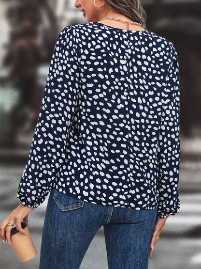 Printed Tie Neck Long Sleeve Blouse-Teresa&#39;s Fashionista LLC