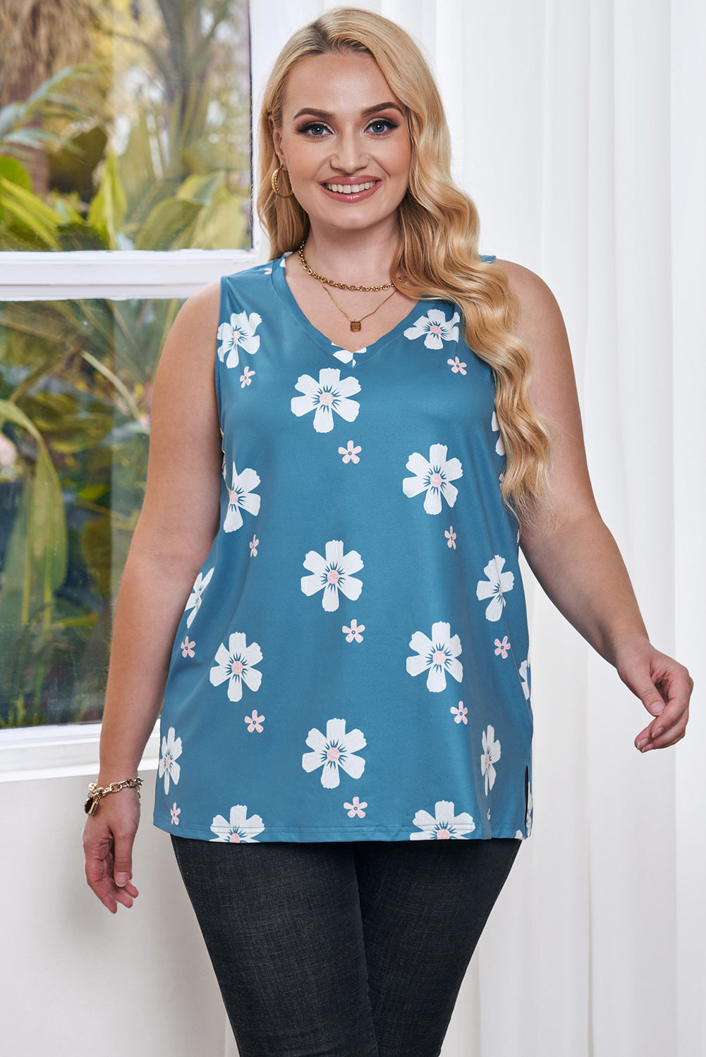 Plus Size Printed V-Neck Tank-Teresa&#39;s Fashionista LLC