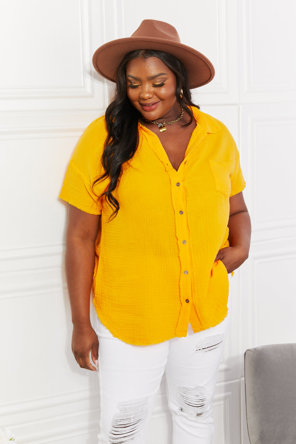 Zenana Full Size Summer Breeze Gauze Short Sleeve Shirt in Mustard-Teresa&#39;s Fashionista LLC