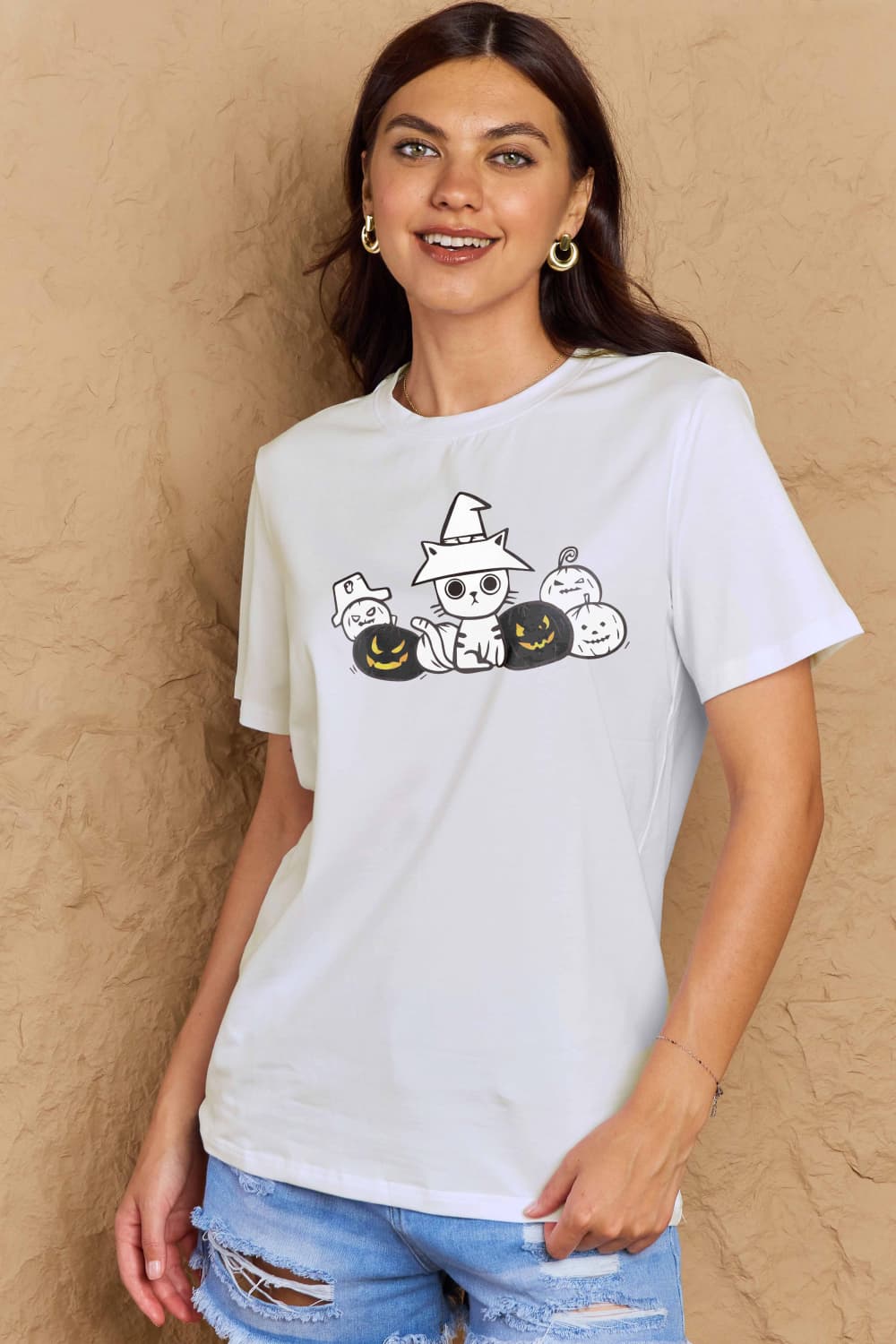 Simply Love Full Size Cat & Pumpkin Graphic Cotton T-Shirt-Teresa&#39;s Fashionista LLC