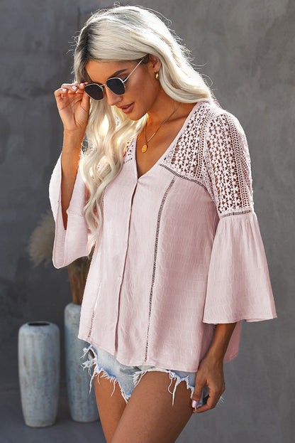 Flare Sleeve Spliced Lace V-Neck Shirt-Teresa&#39;s Fashionista LLC