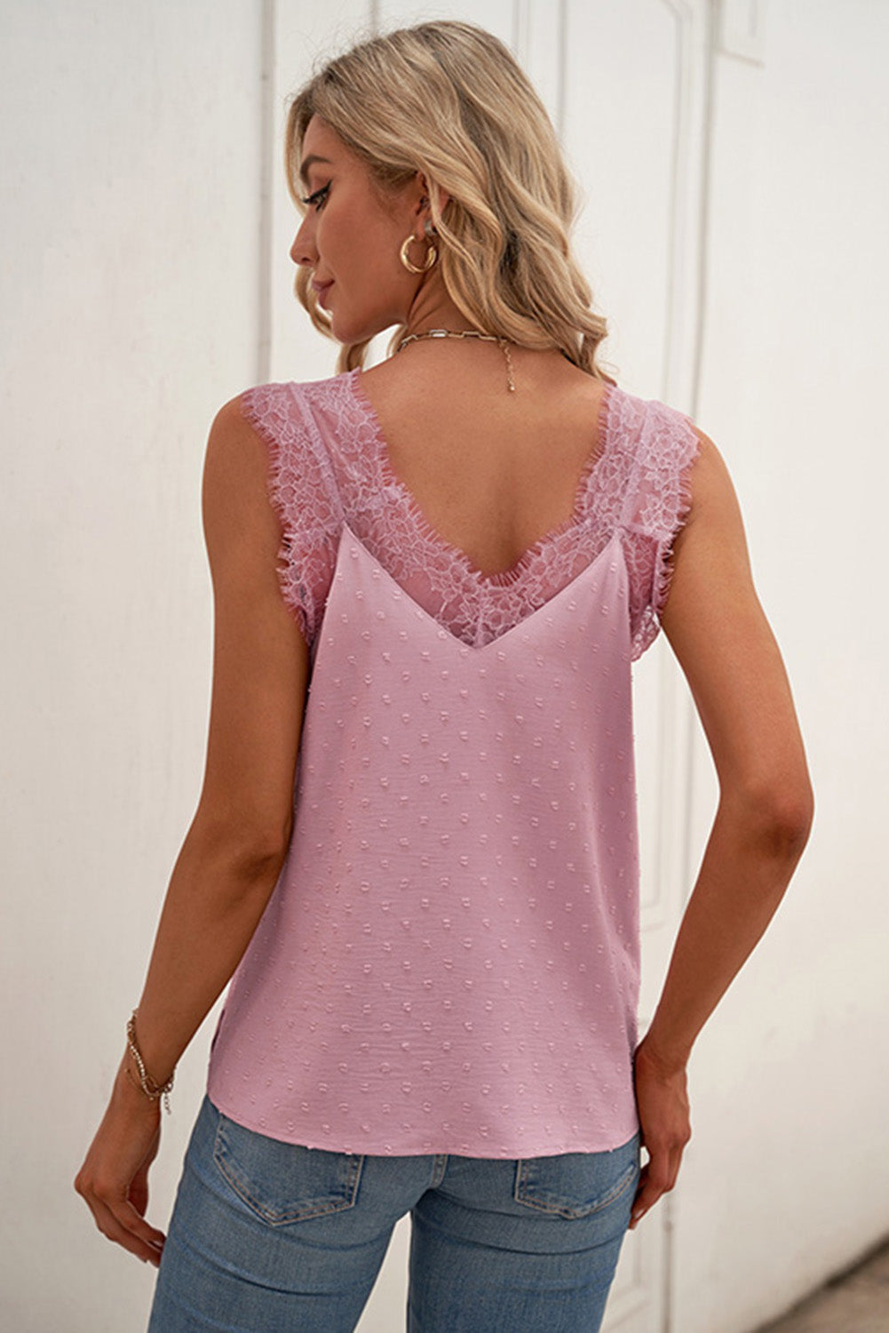 Swiss Dot Lace Trim V-Neck Tank-Teresa&#39;s Fashionista LLC