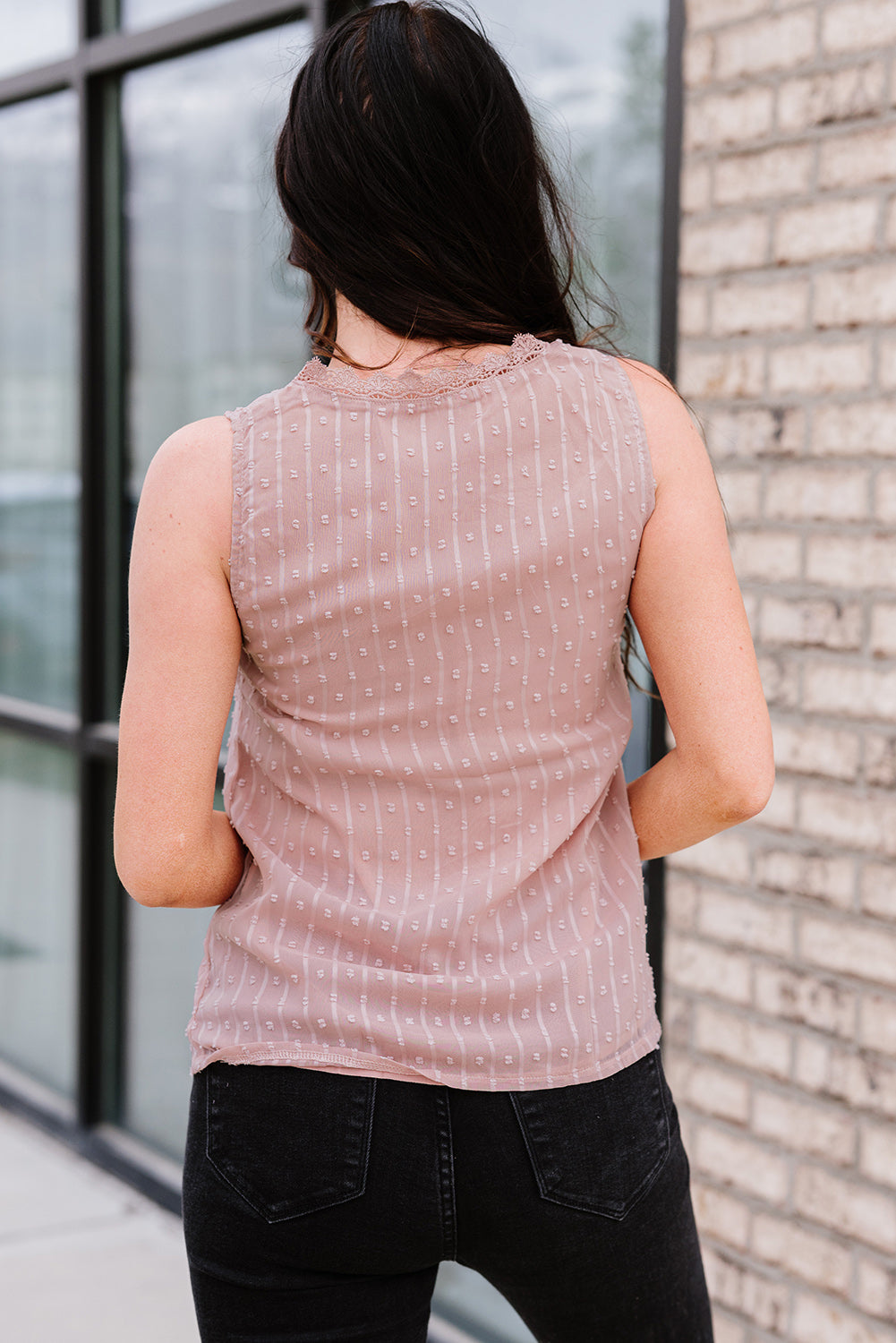 Swiss Dot Lace Detail Plunge Tank-Teresa&#39;s Fashionista LLC