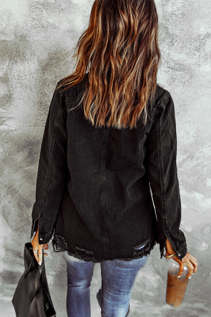 Distressed Snap Down Denim Jacket-Teresa&#39;s Fashionista LLC