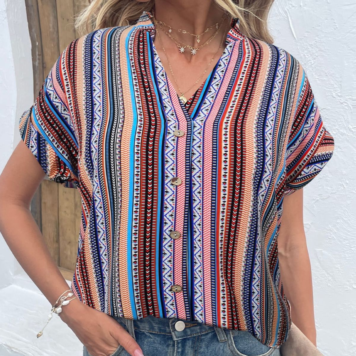 Multicolored Stripe Notched Neck Top-Teresa&#39;s Fashionista LLC