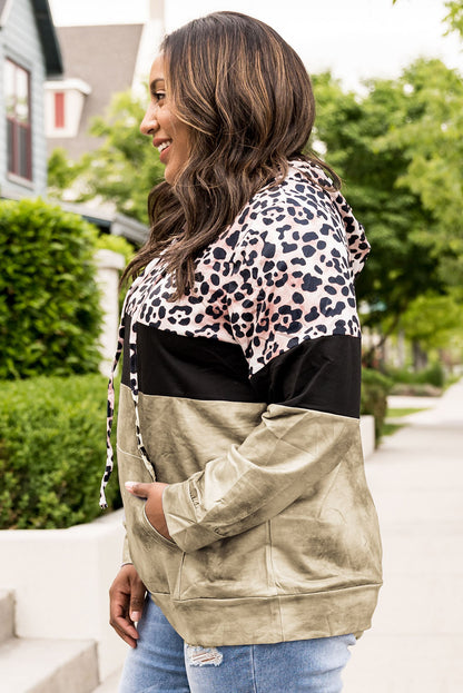 Plus Size Leopard Print Color Block Hoodie with Kangaroo Pocket-Teresa&#39;s Fashionista LLC