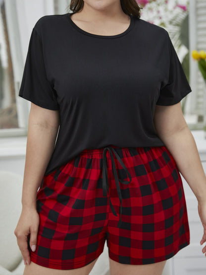 Plus Size Round Neck Tee Shirt and Plaid Shorts Lounge Set-Teresa&#39;s Fashionista LLC